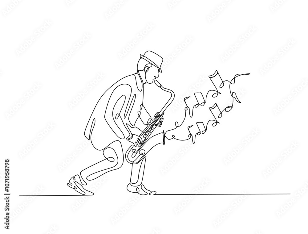 Continuous one line drawing of man holding Saxophone with note music. Saxophone player single line art vector illustration. Editable vector. Continuous one line drawing of man holding Saxophone with note music. Saxophone player single line art vector illustration. Editable vector.