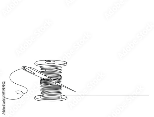 Continuous one line drawing of sewing needle on spool of thread. Spool of thread single line art vector illustration. Editable vector.