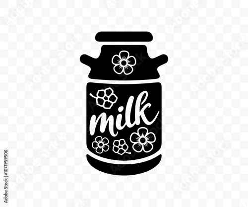 Milk can with flowers, milk, dairy, hipster style, graphic design. Drinking, drink, food and meal, vector design and illustration