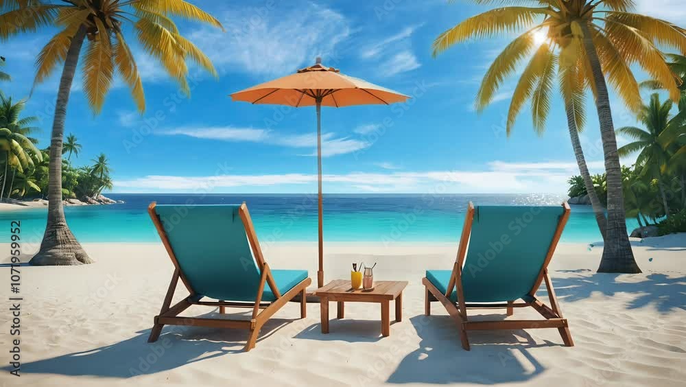 Relaxing beach chairs under umbrella with ocean view and tropical palm trees in background Relaxing beach chairs under umbrella with ocean view and tropical palm trees in background