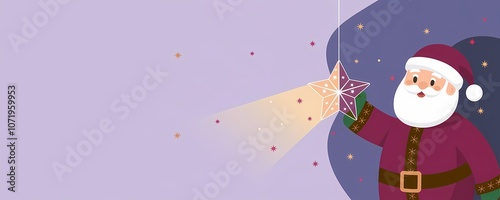Festive minimalist vector illustration of Santa Claus holding a shining star on a purple background. Perfect for Christmas cards for Merry Christmas celebrations.