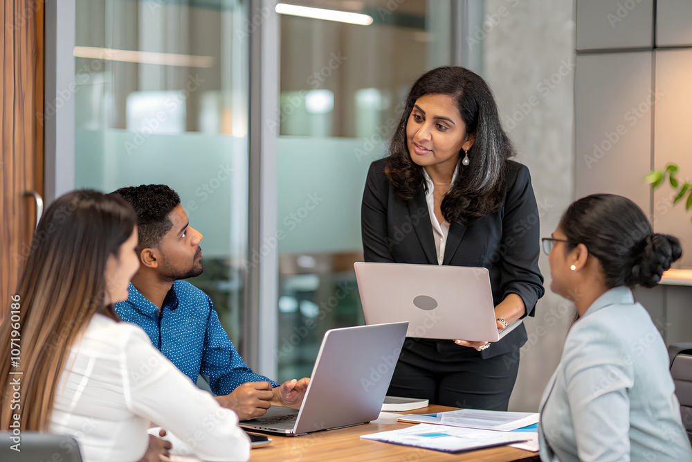 Indian Female business owner using a laptop to present strategies Indian Female business owner using a laptop to present strategies