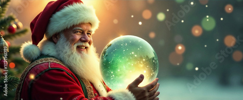 Close-up of Santa Claus holding a glowing magic sphere in an enchanting Christmas setting full of bokeh lights and Christmas spirit. Copy space.