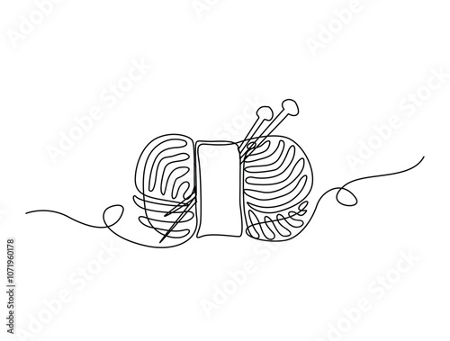 Continuous one line drawing of wool yarn and knitting needles. yarn and knitting needles single line art vector illustration. Editable vector.