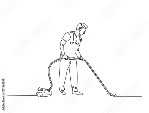 Continuous one line drawing of housekeeper cleaner work using vacuum cleaner. Cleaning service and vacuum cleaner single line art vector illustration. Editable vector.