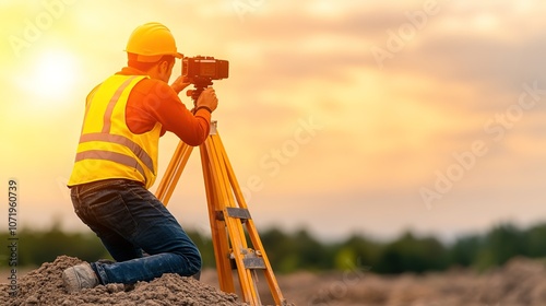 Surveyor at Work Using Total Station on Construction Site During Sunset, Wearing Protective Gear, Focused on Land Measurement for Urban Development Project