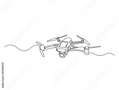 Continuous one line drawing of flying drone aircraft. Drone single line art vector illustration. Editable vector.