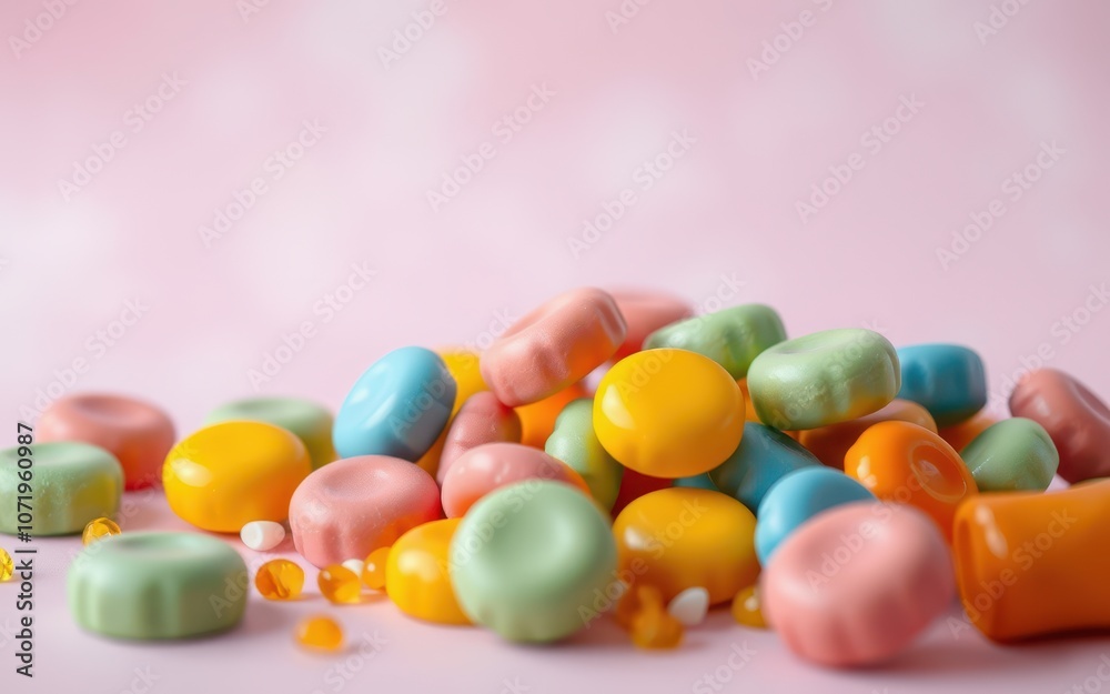 A pile of colorful candies sits on a pink surface A pile of colorful candies sits on a pink surface
