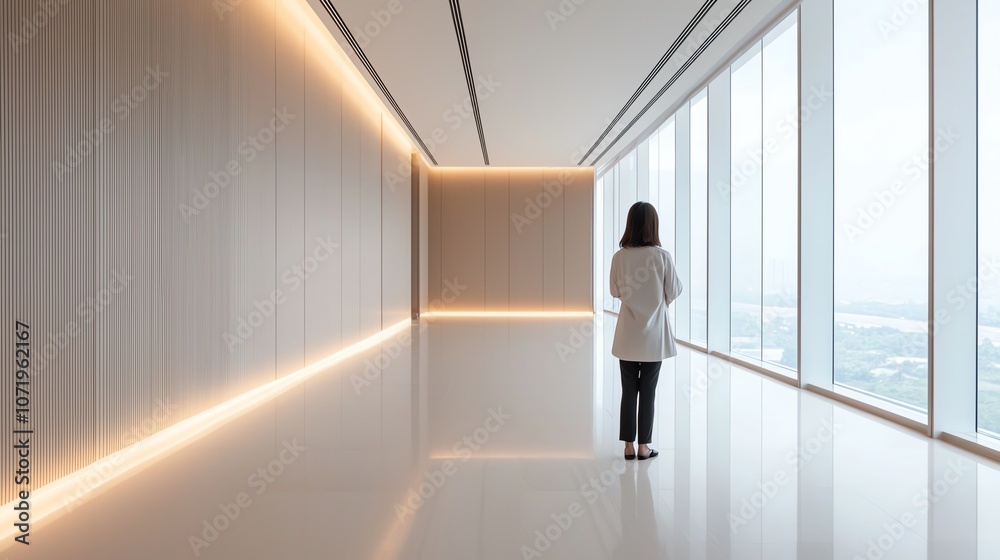 Modern office corridor with large windows. Modern office corridor with large windows.
