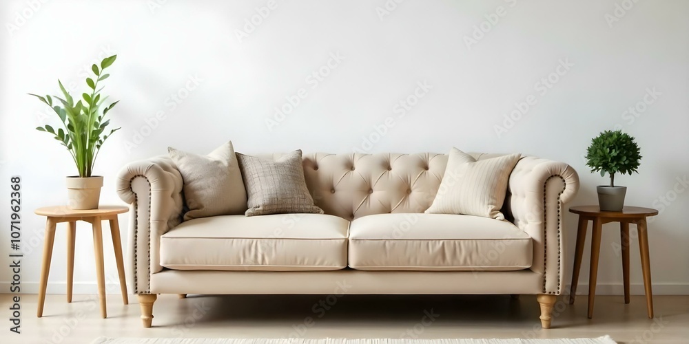 A beige tufted sofa with decorative pillows, a small wooden side table with a potted plant, and a plain white wall in the background. A beige tufted sofa with decorative pillows, a small wooden side table with a potted plant, and a plain white wall in the background.