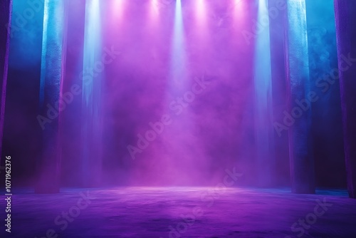 A stage illuminated with vibrant purple and blue lights, creating a dynamic and energetic atmosphere for the performance 