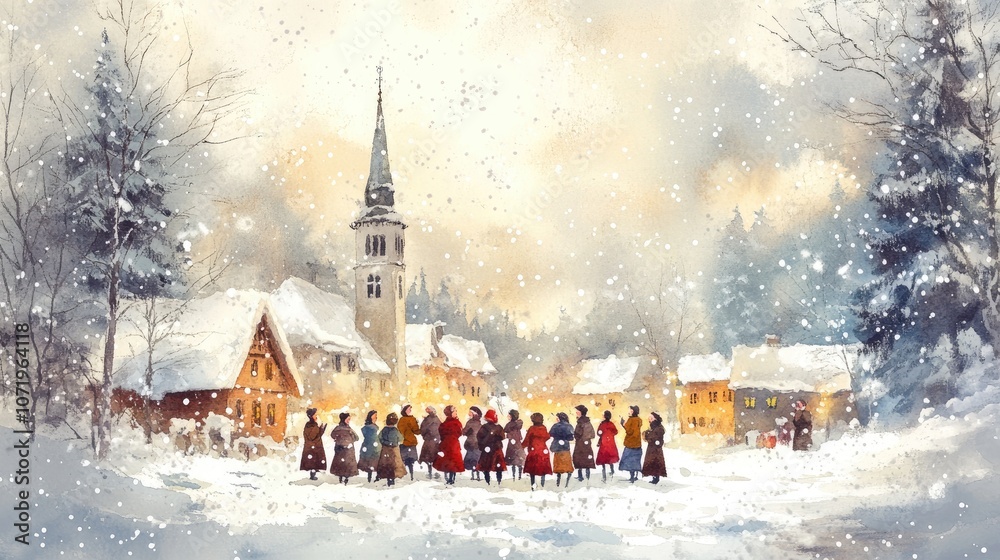 Fototapeta premium A group of people singing Christmas carols in a snowy village square with a church steeple in the background.