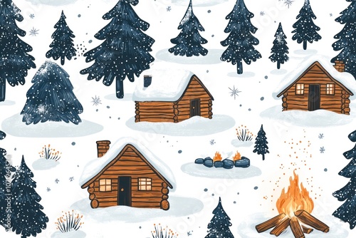 Snowy Winter Wonderland with Log Cabins and a Campfire