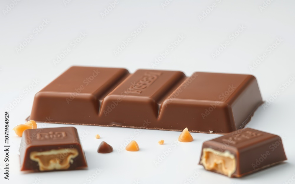 A chocolate bar with a caramel filling is broken into pieces A chocolate bar with a caramel filling is broken into pieces