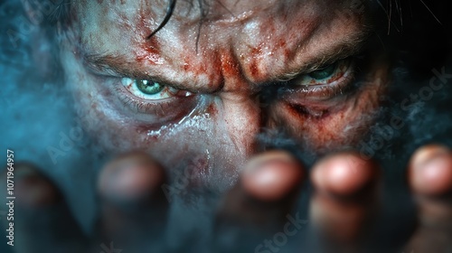 A captivating close-up shot of a man's fierce and determined eyes, partially obscured by smoke, with sweat and dirt accentuating his strong expression.