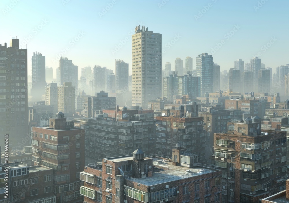 Fototapeta premium Cityscape Panorama in Dense Fog