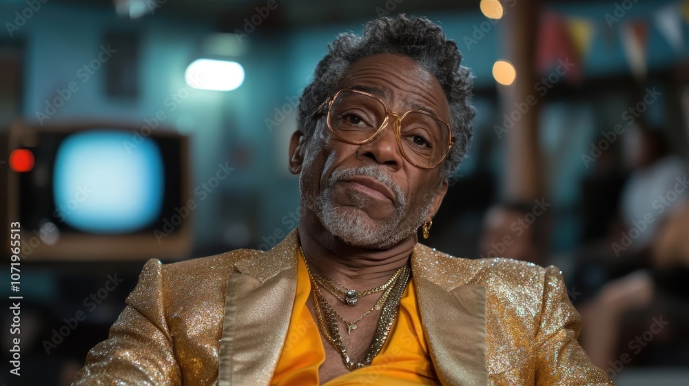 Obraz premium An elderly man wearing a gold attire sits pensively in a decorated setting, reflecting wisdom and elegance, surrounded by elements of retro, nostalgic charm.