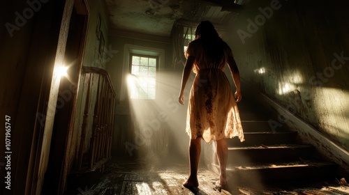 Shrouded in mystical light, a woman stands on an aged staircase, conveying a powerful sense of strength and mystery as shadows play across the worn steps. photo