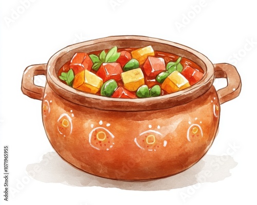 A colorful pot of fresh vegetable stew with vibrant ingredients and herbs. photo