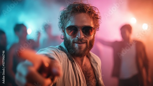 A bearded man in stylish sunglasses points playfully amidst a lively club crowd, illuminated by colorful lights, creating a dynamic party atmosphere.