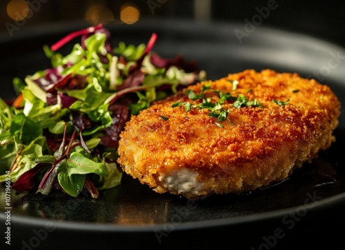 Crispy breaded cutlet served with fresh salad.