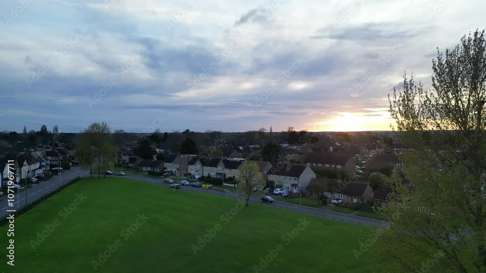 Aerial View of Central City of Harefield, Uxbridge, London United Kingdom. High Angle Footage Was Captured with Drone's Camera During Beautiful Sunset Time on April 3rd, 2024 Aerial View of Central City of Harefield, Uxbridge, London United Kingdom. High Angle Footage Was Captured with Drone's Camera During Beautiful Sunset Time on April 3rd, 2024