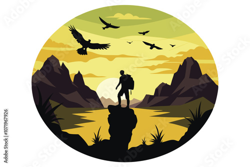 a hiker standing on a rocky plateau silhouette vector D.eps