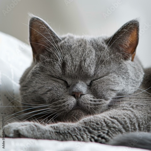 A gray shorthair cat is sleeping on a white blanket photo