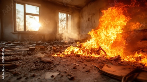 A blazing, intense fire engulfs a desolate room, highlighting the destructive force of flames, capturing a powerful and dramatic scene of fiery devastation and heat. photo