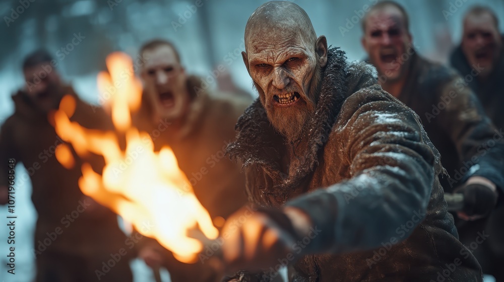 Obraz premium A savage leader brandishing fire exhorts a furious mob in a snowy forest, captured in a heated scene resonating with rebellion, rage, and raw emotion.