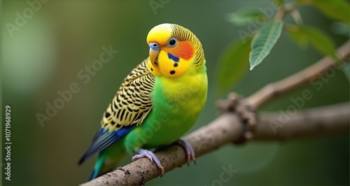 Colorful budgerigar perched on a branch.