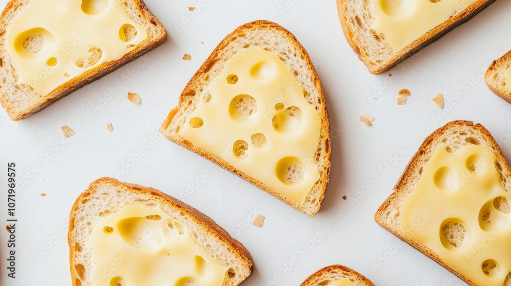 Slices of Gouda cheese on rye toast with a white background photographed from above.v Slices of Gouda cheese on rye toast with a white background photographed from above.v