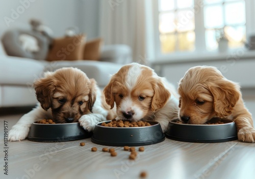 Three puppies eating food from bowls on the floor photo