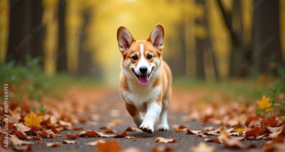 Happy corgi running through autumn leaves Happy corgi running through autumn leaves