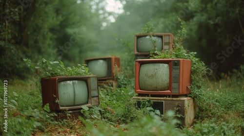 Five rusty televisions partly enveloped by lush vegetation in a misty forest, symbolizing nature's reclaiming of human technology over time and seasons. photo