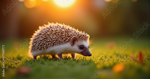 Adorable hedgehog in sunset glow photo