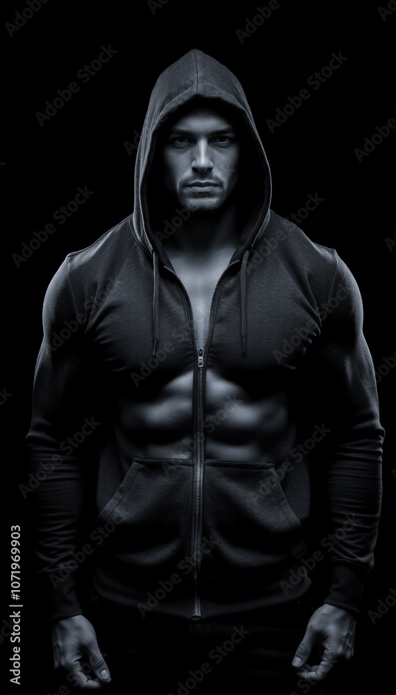 Obraz premium Intense Gaze of Hooded Man in Black and White Portrait Against Dark Backdrop with Shadows Enhancing the Mysterious Atmosphere