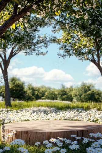 A wooden platform stands in the center of an open meadow, surrounded by white daisies blossoms under trees.