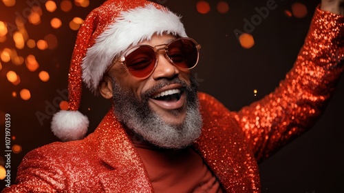 Bearded man gleefully dressed in a Santa hat and vibrant red sparkling jacket with sunglasses, exuding holiday cheer and warmth amidst playful twinkling lights.