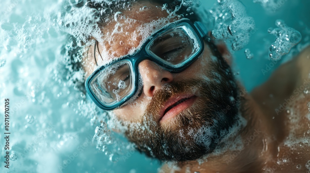 Fototapeta premium A peaceful man with goggles and closed eyes is submerged underwater surrounded by foamy bubbles, conveying a sense of calm and dreamlike solitude in a soothing environment.