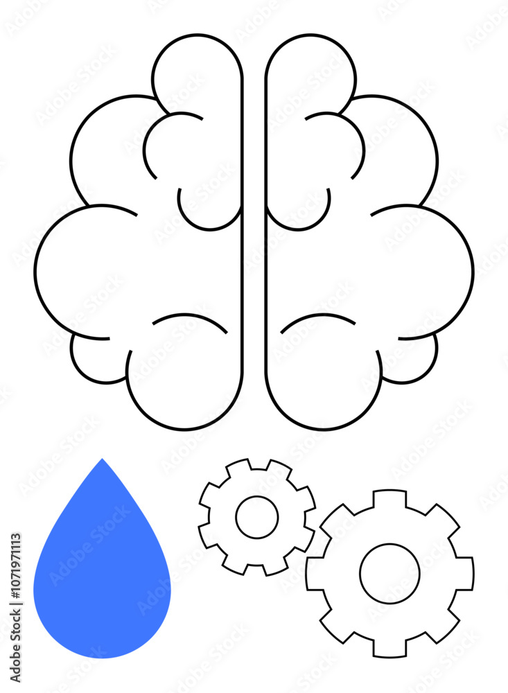 Simplified brain outline paired with gears and blue water drop symbol. Ideal for cognitive science, creativity, problem solving, mental health awareness, innovation, workflow automation, educational Simplified brain outline paired with gears and blue water drop symbol. Ideal for cognitive science, creativity, problem solving, mental health awareness, innovation, workflow automation, educational