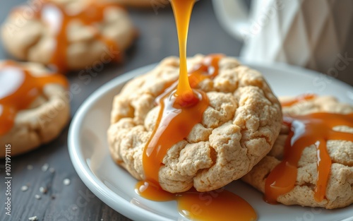 Caramel sauce drizzled over warm cookies on a white plate photo