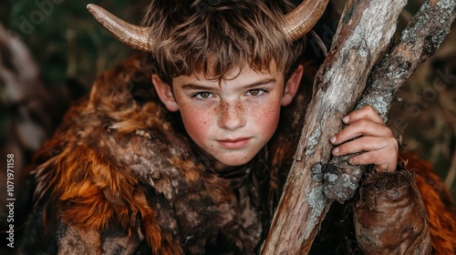 A young boy dressed in a rustic costume with horns, looking intently at the camera while holding a textured branch, in a nature-inspired setting.