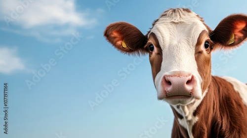 A brown and white cow gazes directly at the camera with a clear blue sky backdrop, signifying steadfastness, simplicity, and a touch of curiosity.