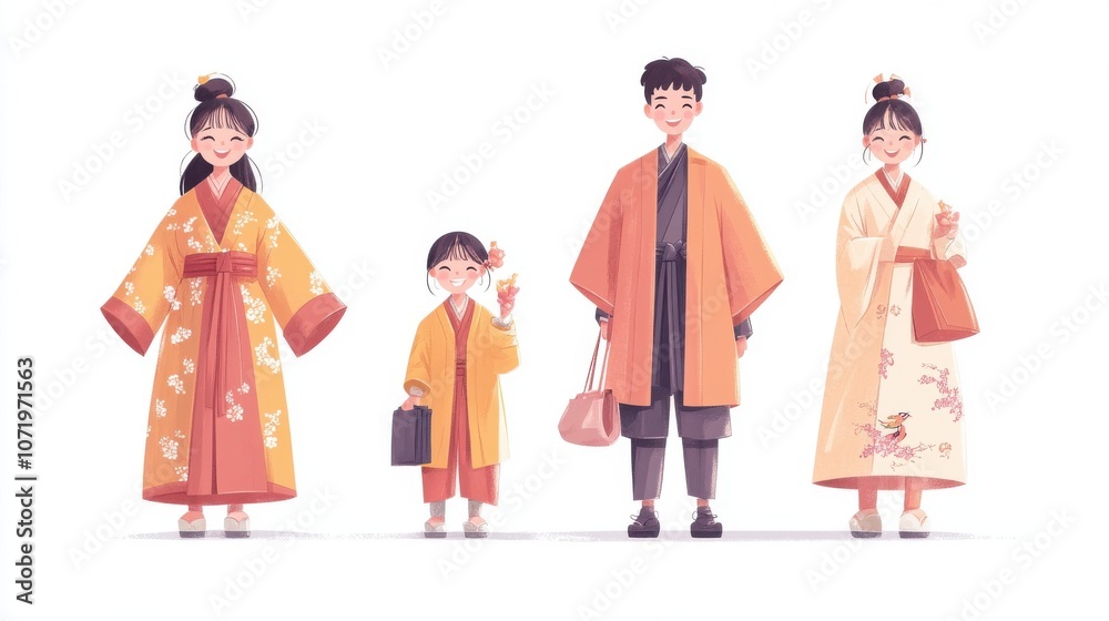 A family wearing traditional kimonos in vibrant colors and designs, showcasing heritage. A family wearing traditional kimonos in vibrant colors and designs, showcasing heritage.