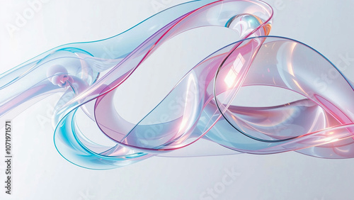 3d render of colorful glass ribbon in white background, soft blue and purple gradient, pastel color palette, created with AI.

