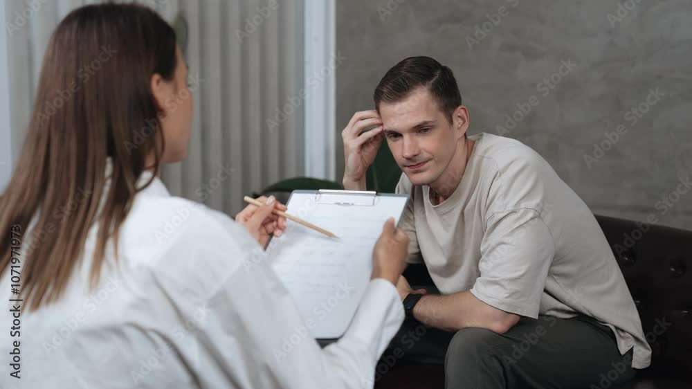 Psychological consultation gaining improvement on mental problem, young patient doing therapy session while psychiatrist making diagnostic on mental illness. Mental treatment session. Adit Psychological consultation gaining improvement on mental problem, young patient doing therapy session while psychiatrist making diagnostic on mental illness. Mental treatment session. Adit