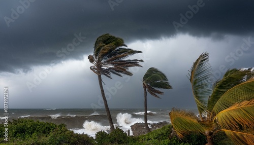 dramatic storm with swirling winds and rain affecting palm trees creating a powerful atmosphere of nature s fury