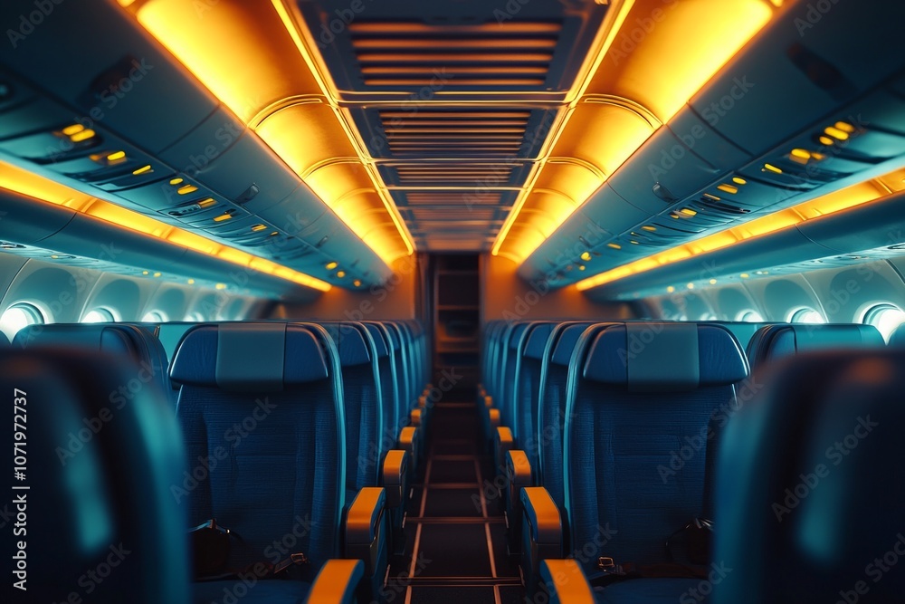 Fototapeta premium An airplane cabin with blue seats and yellow lights. 