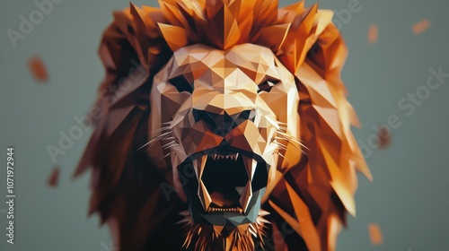 Vibrant Polygonal Lion Head Art Created with Sharp Geometric Shapes, Featuring a Colorful Design and Expressive Expression for Artistic and Creative Projects photo